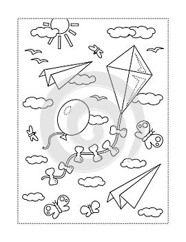 Coloring page with  things that fly. Kite, balloon, paper planes, clouds, insects, birds.